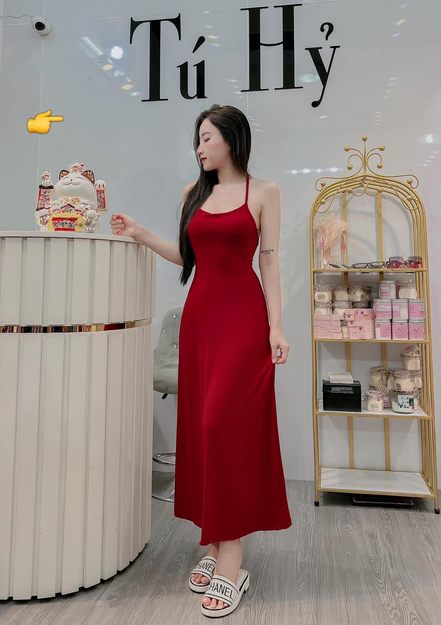 Đầm 2 dây dáng xòe hở lưng 1 dây đứng cực hot , chất thun lụa mềm mát