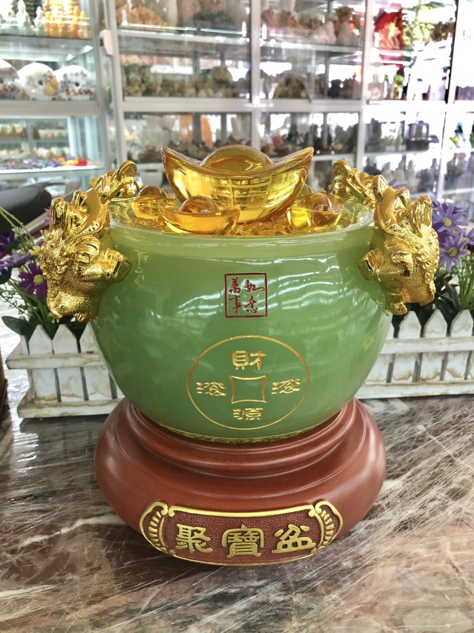 Bát vàng, Bát Tụ Tài, Bát Tụ Bảo đá ngọc cẩm thạch xanh Hút Tài, Hút Lộc, Chiêu tài nạp lộc trang trí bàn thờ thần tài - Cao 24 cm