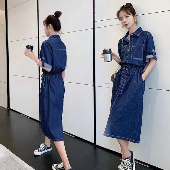 Đầm jean xoè cổ phối viền