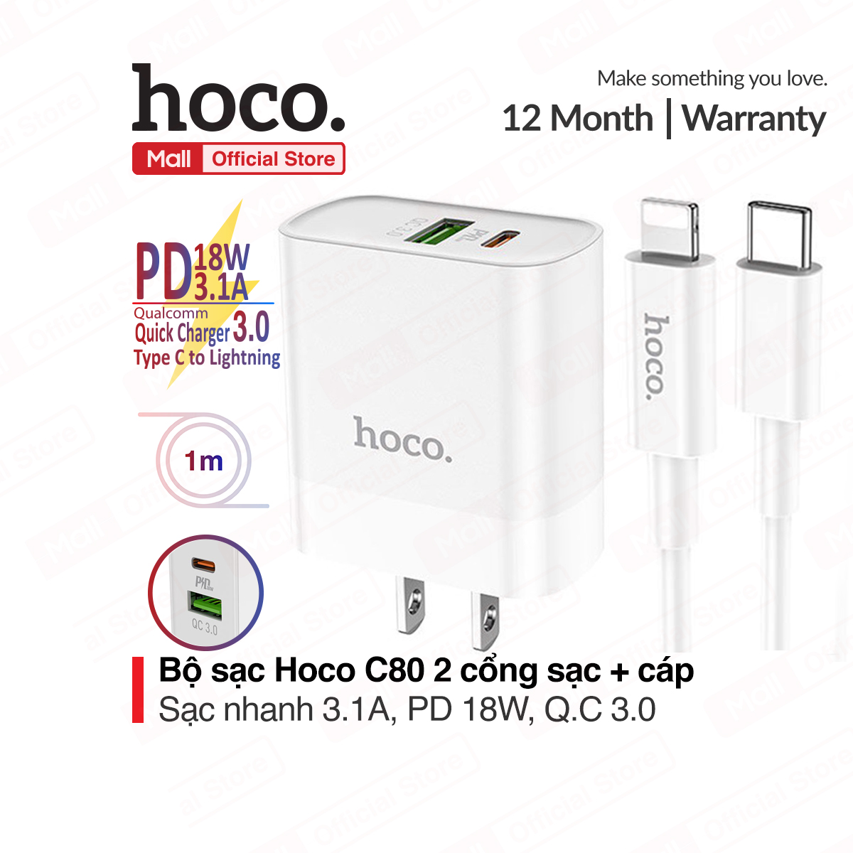 Bộ sạc Hoco C80 ( kèm cáp Type-C to Lightning ) củ 2 cổng ( 1 USB A + Type-C ) PD 18W Q.C 3.0 sạc nhanh 3.1A