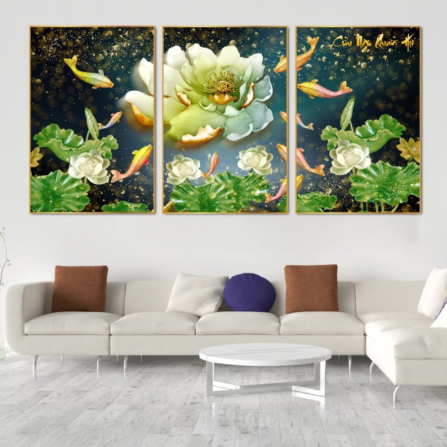 Lalashop-golden fish lotus flower wall painting set 3 panel beautiful living room large living room lotus flower wall pictures with frame modern 3D church pictures 40x60cm