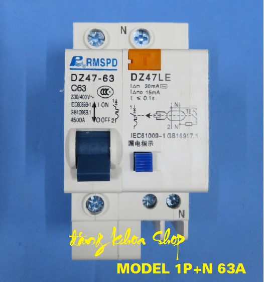 Aptomat chống giật 1P + N dòng điện 63A