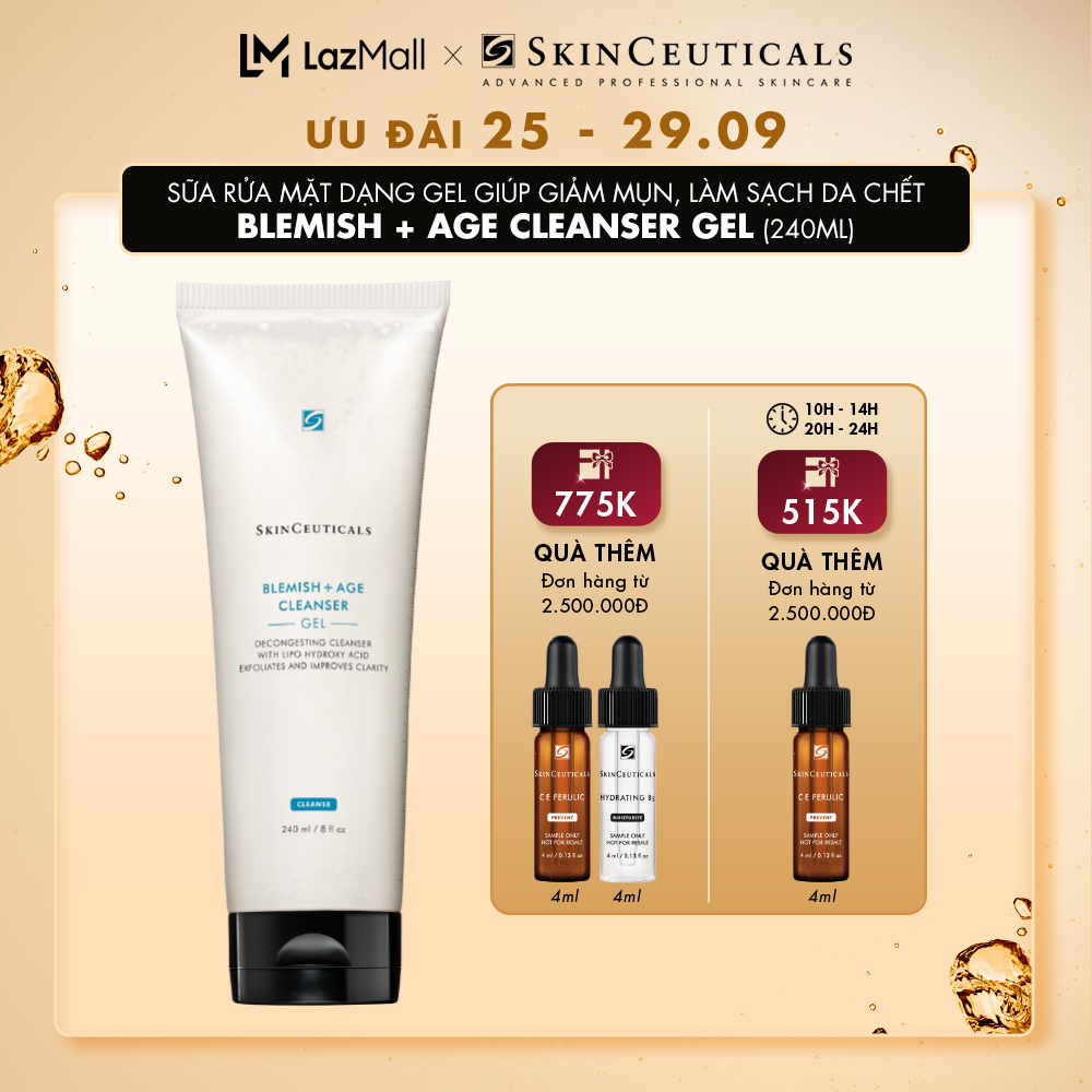 Sữa rửa mặt dạng gel chuyên biệt Skinceuticals Blemish + Age Cleanser Gel giúp giảm mụn, làm sạch tế bào da chết và hông thoáng lỗ chân lông 240ml