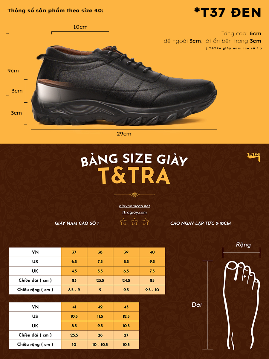 Giày Đế Cao Nam T&TRA T37Đ cao 6CM
