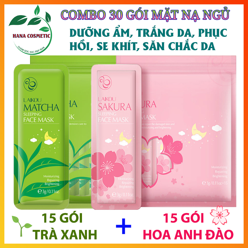 [COMBO 2 Bịch] Gồm 30 Gói Mặt Nạ Ngủ Laikou Trà Xanh Matcha + Mặt Nạ Ngủ Hoa Anh Đào Sakura – Dưỡng Ẩm Qua Đêm, Phục Hồi Da, Giúp Da Trắng Sáng, Săn Chắc, Kiềm Dầu, Se Khít Lỗ Chân Lông