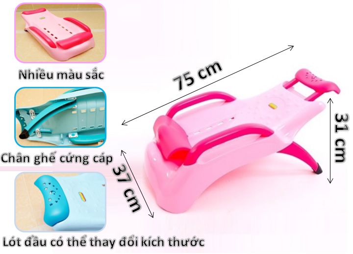 [M] Ghế Gội Đầu Việt Nhật Cho Bé Chất Liệu Nhựa Cao Cấp - độ dài có thể thay đổi từ 37x68x28cm lên tới 37x75x31cm - kích thước ghế khi gập gọn là 37x68x14cm - chân ghế có 5 nấc điều chỉnh - cổ có 7 nấc điều chỉnh - chất liệu nhựa cứng cáp