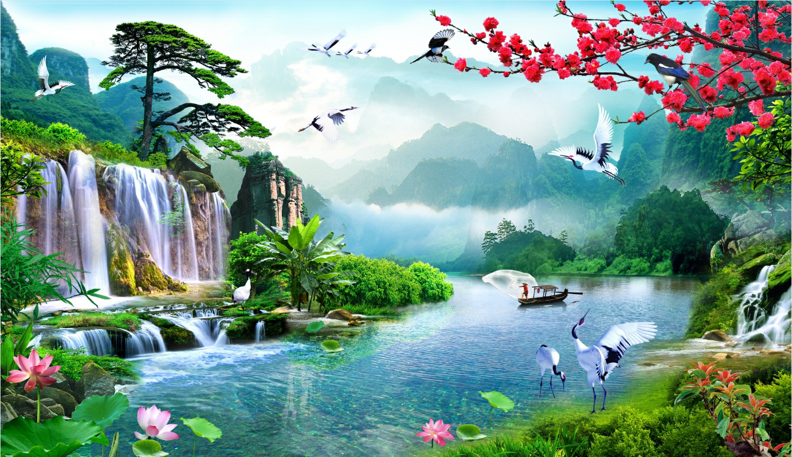 Tranh dán tường 3d sơn thủy hữu tình trang trí phòng khách phòng ngủ giá rẻ đẹp chất liệu decal pp keo sẵn bóc dán PA