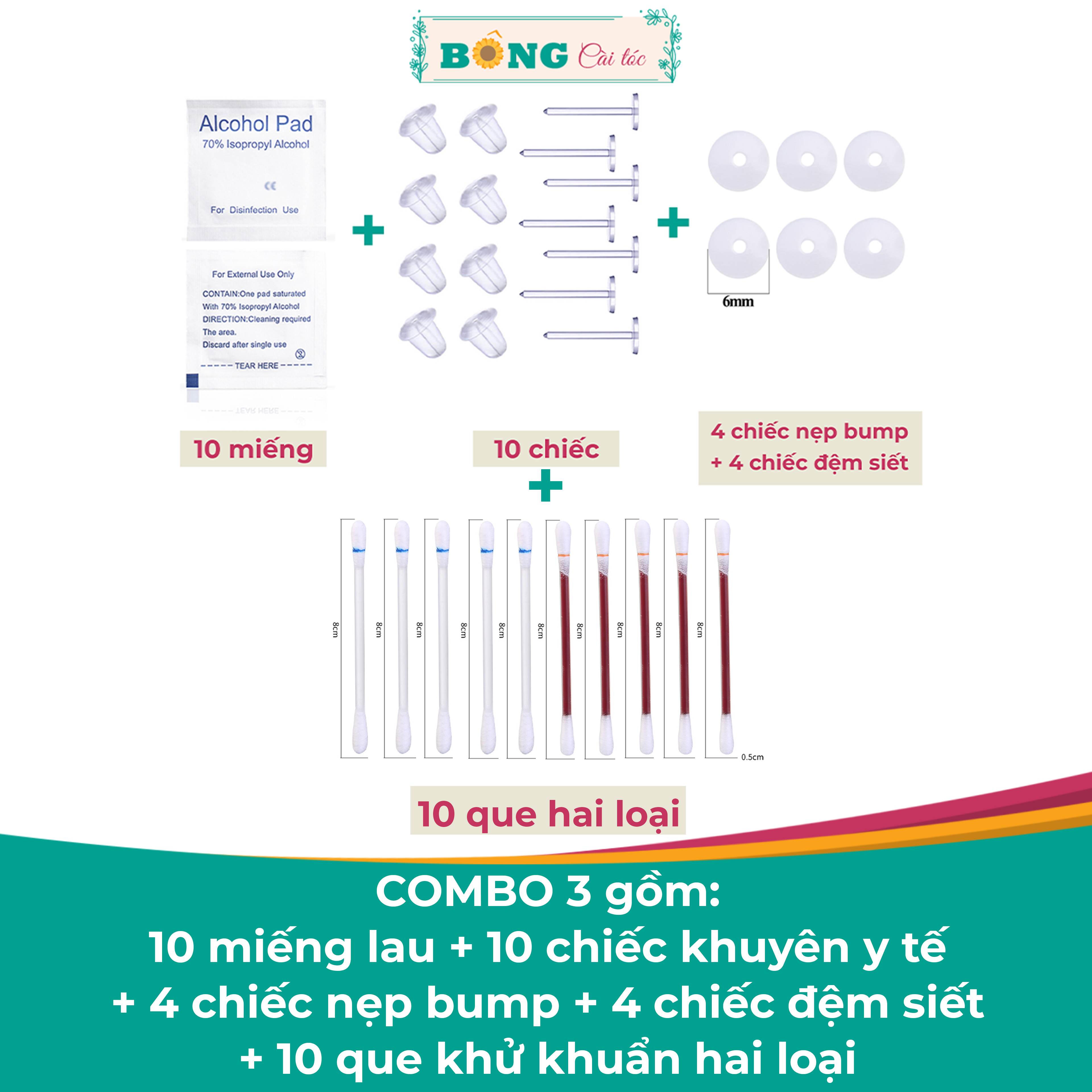 Combo chăm sóc lỗ xỏ bông tai nhựa y tế, nẹp bump, miếng lau khử khuẩn kèm hộp CB10- khuyên tai BÔNG Cài Tóc