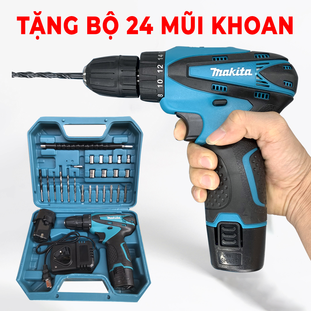 [TẶNG BỘ 24 CHI TIẾT] Máy khoan PIN cầm tay MAKITA 12v - Máy khoan pin - Máy khoan mini - Khoan sắt, khoan gỗ, bắt vít - Pin 3 cell - Có 2 Phân Loại