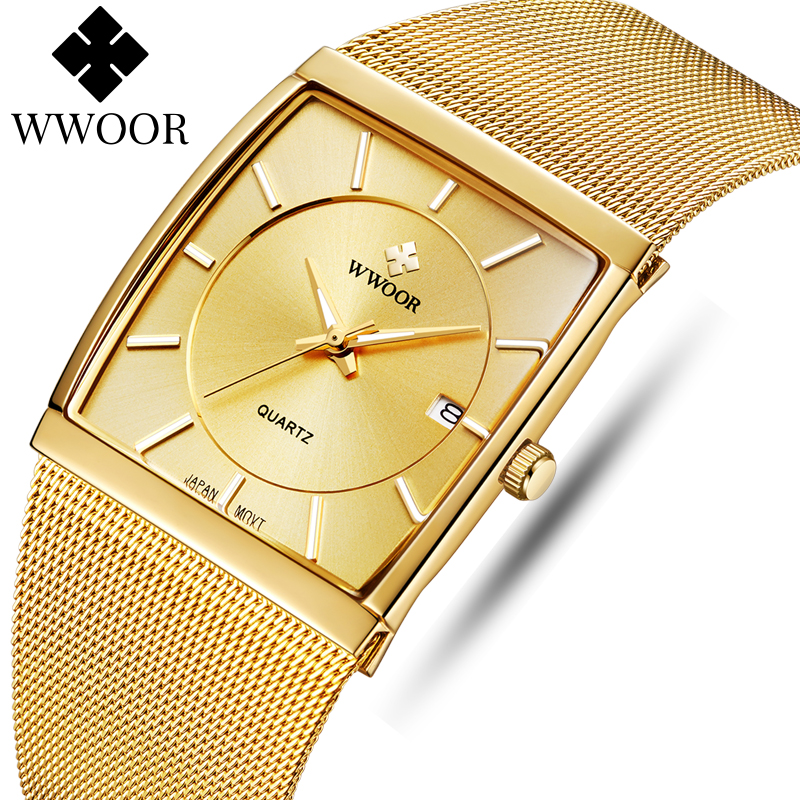 WWOOR Top Luxury Brand Watch For Men Calendar Square Dial Water Resistant Luminous Stainless Steel Mesh Belt Watch Fashion Original Wristwatch