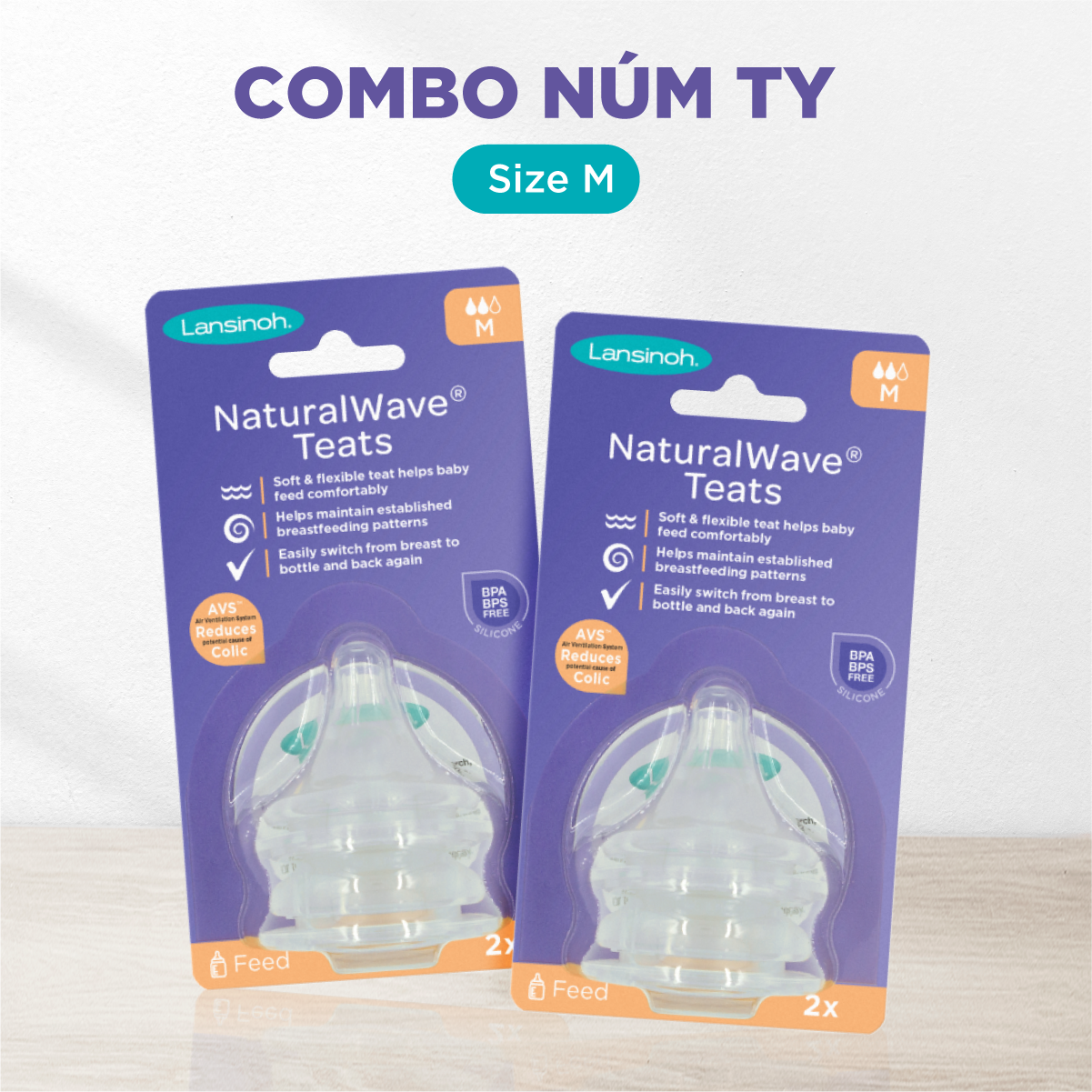 Combo 2 Núm Ti Cổ Rộng Siêu Mềm Lansinoh Size M