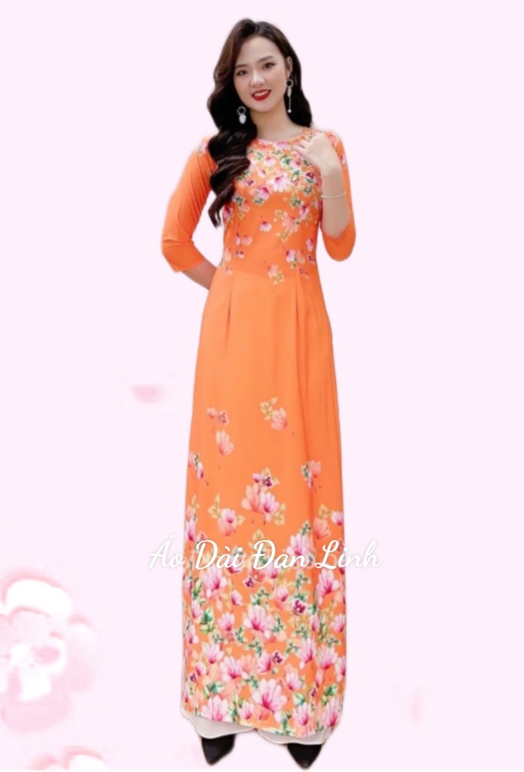 Áo dài in 3D có sẵn 2 màu hồng và cam lung linh - Xưởng may áo dài Đan Linh