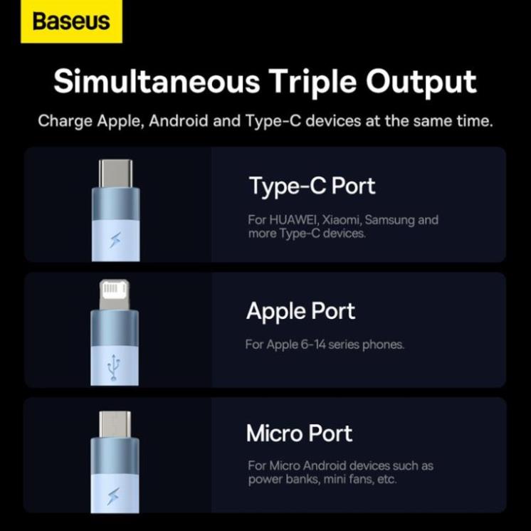 Dây Cáp Sạc Baseus 3 Trong 1 USB C Cho iPhone 3.5A Samsung Xiaomi