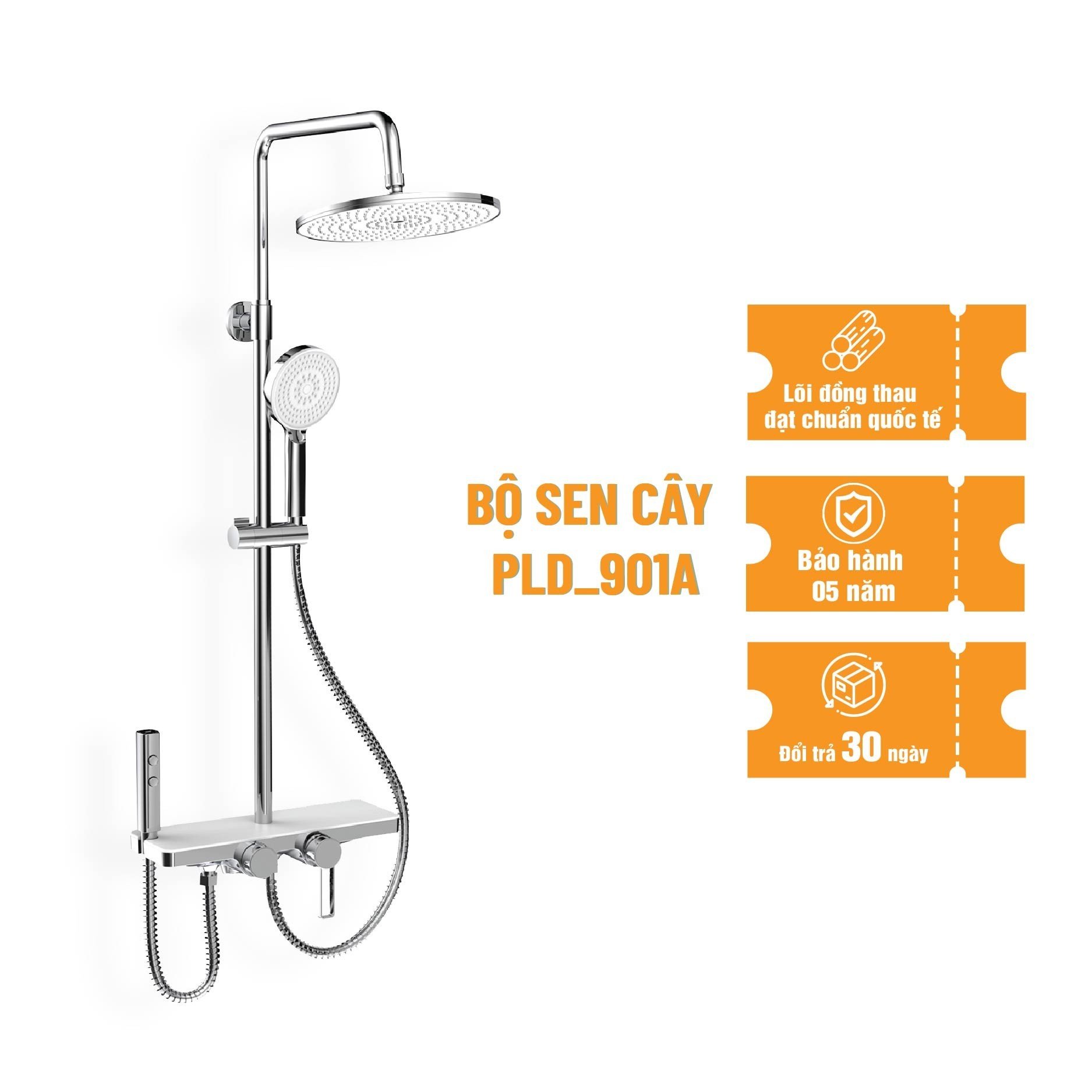 Sen cây tắm đứng palado pld901a, vỏ nhựa bảng kính lõi ppa, bát sen tròn, mạ crom bóng