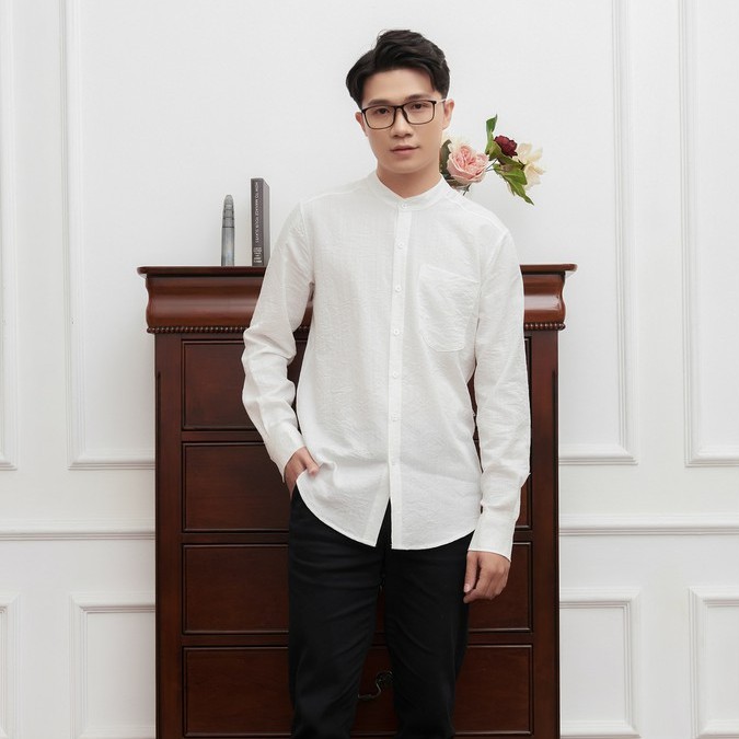 Áo sơ mi nam emspo, cổ tàu, cài cúc, túi ngực sml2565