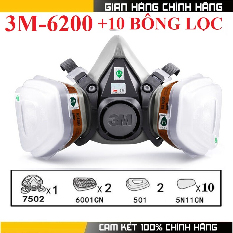 Mặt nạ phòng độc 3M 6200 sử dụng phin lọc 3M 6001CN 100% than hoạt tính tự nhiên kèm thêm 10 tấm lọc bụi 3M 5N11 chống khói, phun sơn, Phun sâu, phòng chống độc khói đám cháy chung cư, toà nhà, quán karaoke