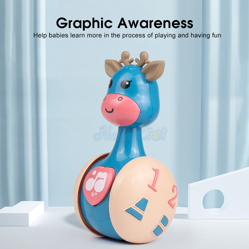HelloKimi ChildrenCartoon Tumbler Doll Roly-poly Baby Toys Giraffe Tumbler Doll Early Learning Toy Toddler Musical Wobble Rattles Ring Bell Music Learning Educational Toy Cute Shape Toy for Kids