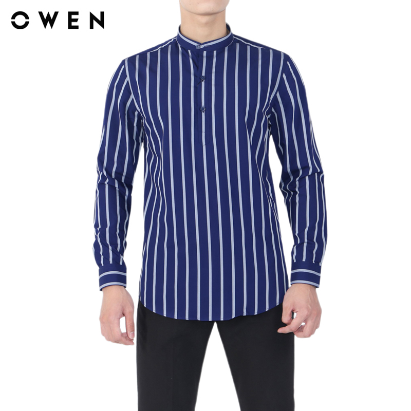 OWEN - Áo sơ mi dài tay cổ trụ Regular Fit AR20748D màu Xanh chất liệu Eucalyptus by Viscose Cooling Poly