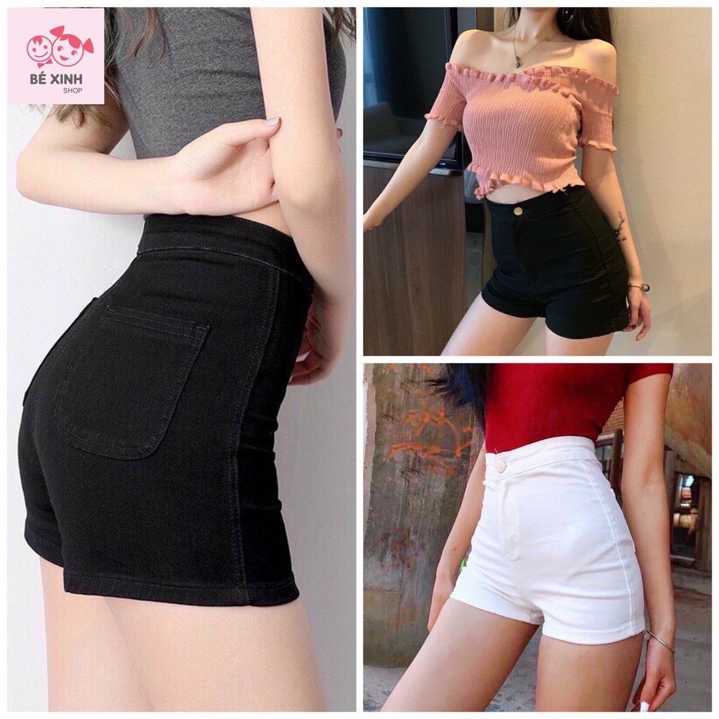 Quần soóc denim cho nữ, quần ống thẳng và ống rộng ôm eo cao hàn quốc hai màu trắng đen