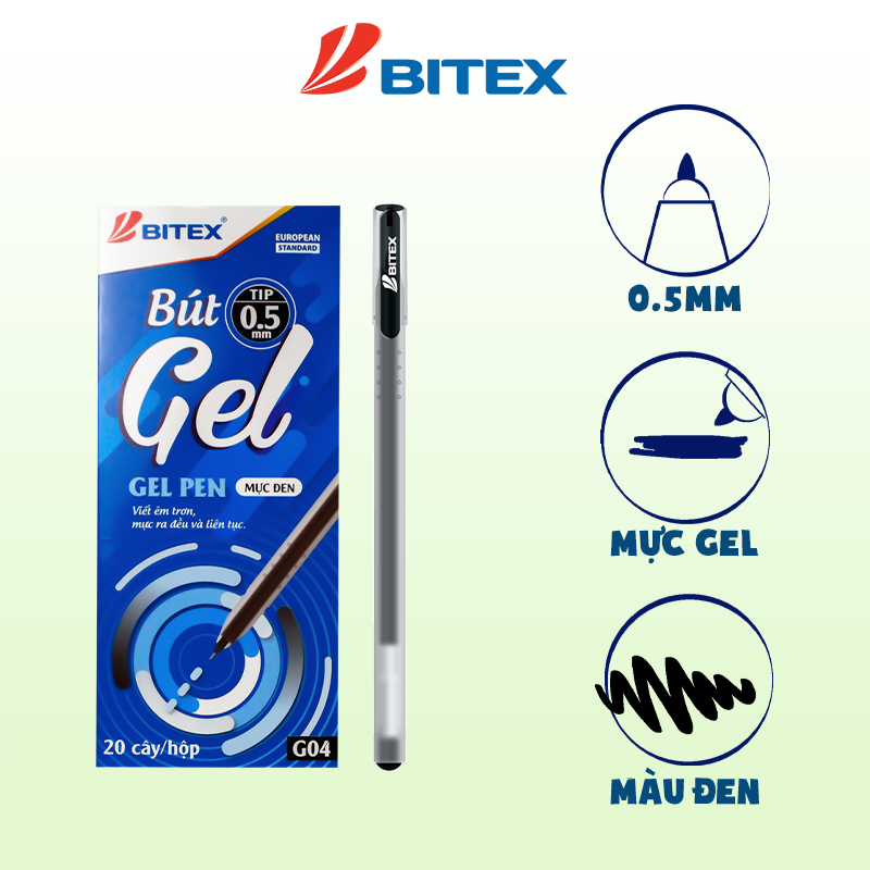 Bút gel Bitex mực xanh, đỏ, đen G04 (1 cây)