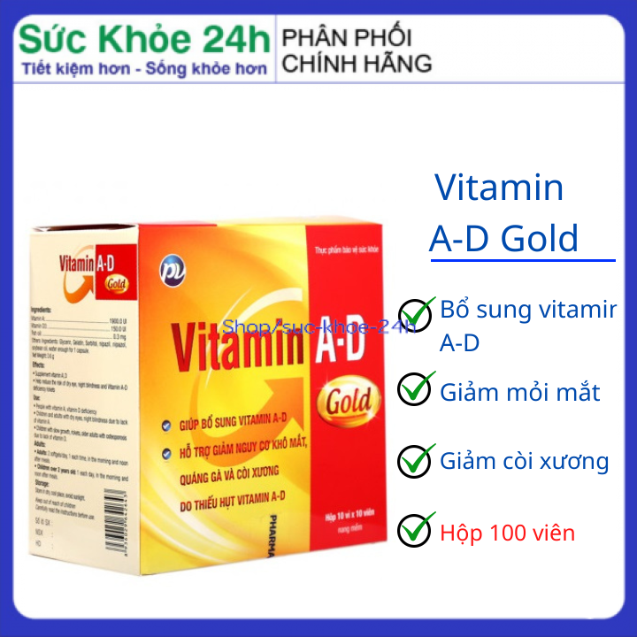 Vitamin A D Gold hỗ trợ giảm nguy cơ khô mắt, quáng gà và còi xương, trẻ em chậm lớn , người cao tuổi loãng xương hộp 100 viên