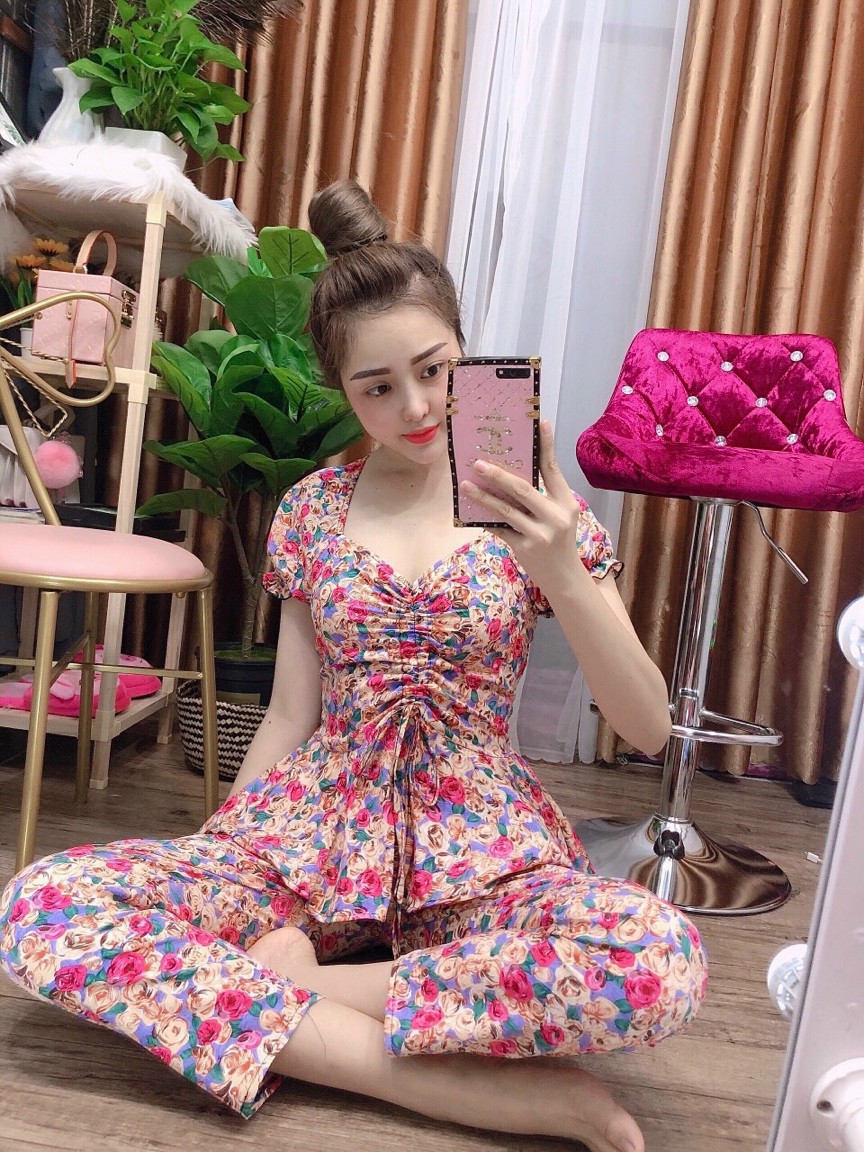 Bộ đồ ngủ nữ voan lụa họa tiết hoa siêu xinh mềm mịn mtb