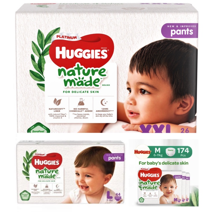 Tã dán quần huggies platinum nature made size nb60/s82/m64/l54/xl44/xxl36 cho bé