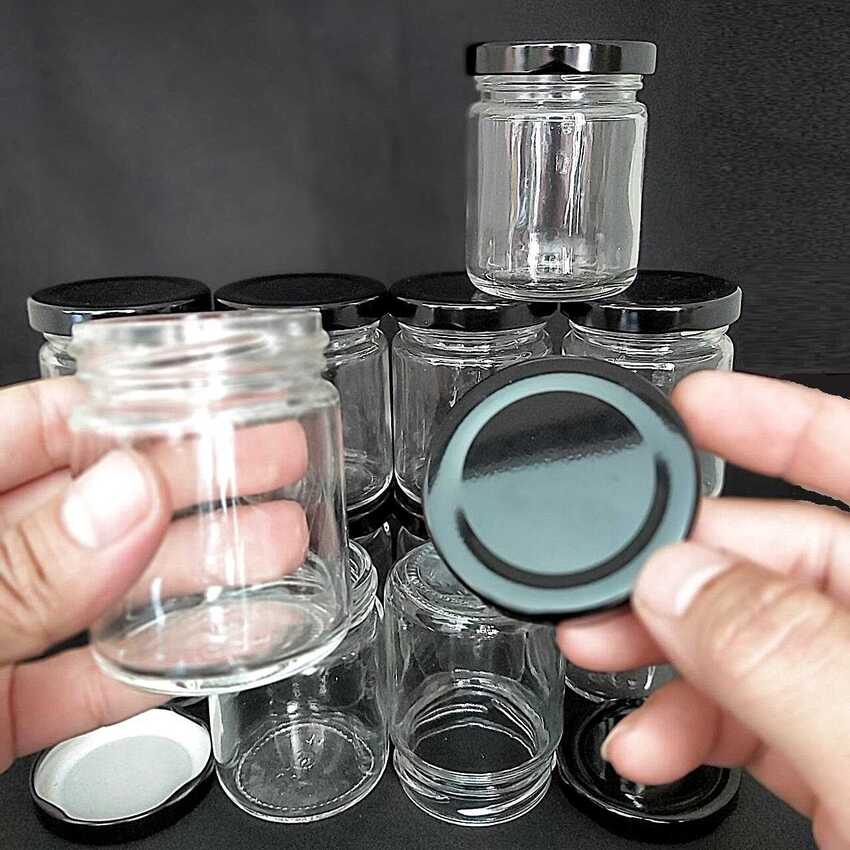 Glass Pot 100ml – Cylinder shape - Black Tin Cap – combo 20 pots