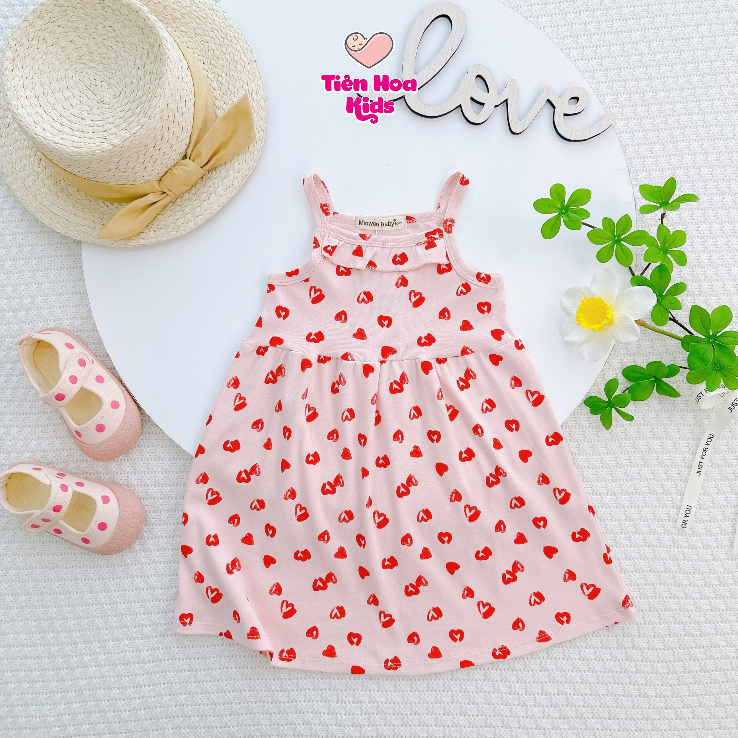 Đầm váy 2 dây bèo ngực cotton Bozip xuất dư cho bé gái