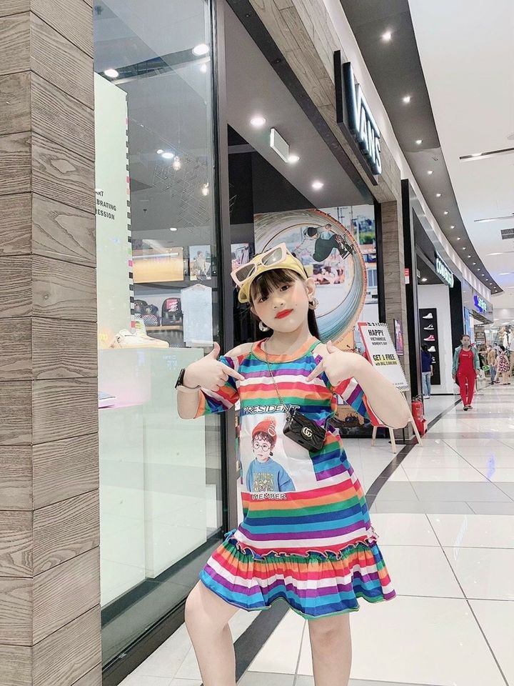 ĐẦM SỌC THUN BÉ GÁI IN HÌNH CÔ GÁI 3D
