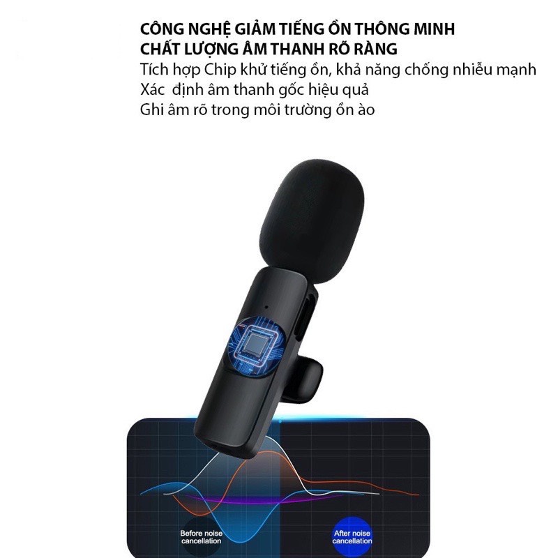 Mic thu âm không dây cài áo lọc tiếng ồn model K9, kết nối ổn định, bắt nhạy, thời gian thự tự động không có độ trễ - Hàng chính hãng - Bảo hành 12 tháng