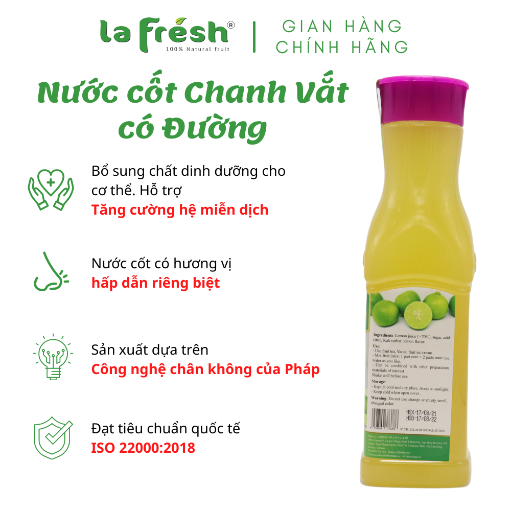 Nước cốt chanh vắt có đường Lafresh Đà lạt, chai 650ml