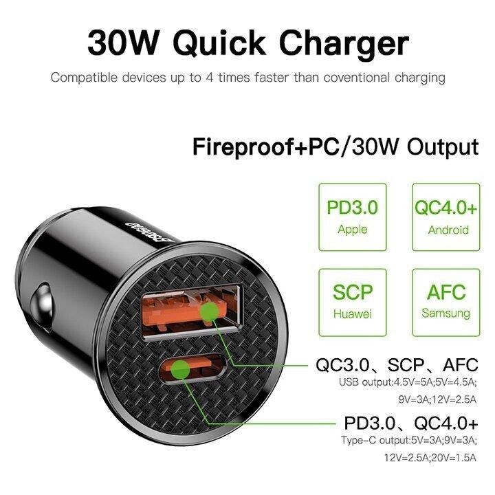 Tẩu sạc nhanh đa năng cho xe hơi, xe ô tô trang bị cổng Type-C và USB nhãn hiệu Baseus CCALL-AS01 Công suất 30W, Quick Charge 3.0 hỗ trợ PD