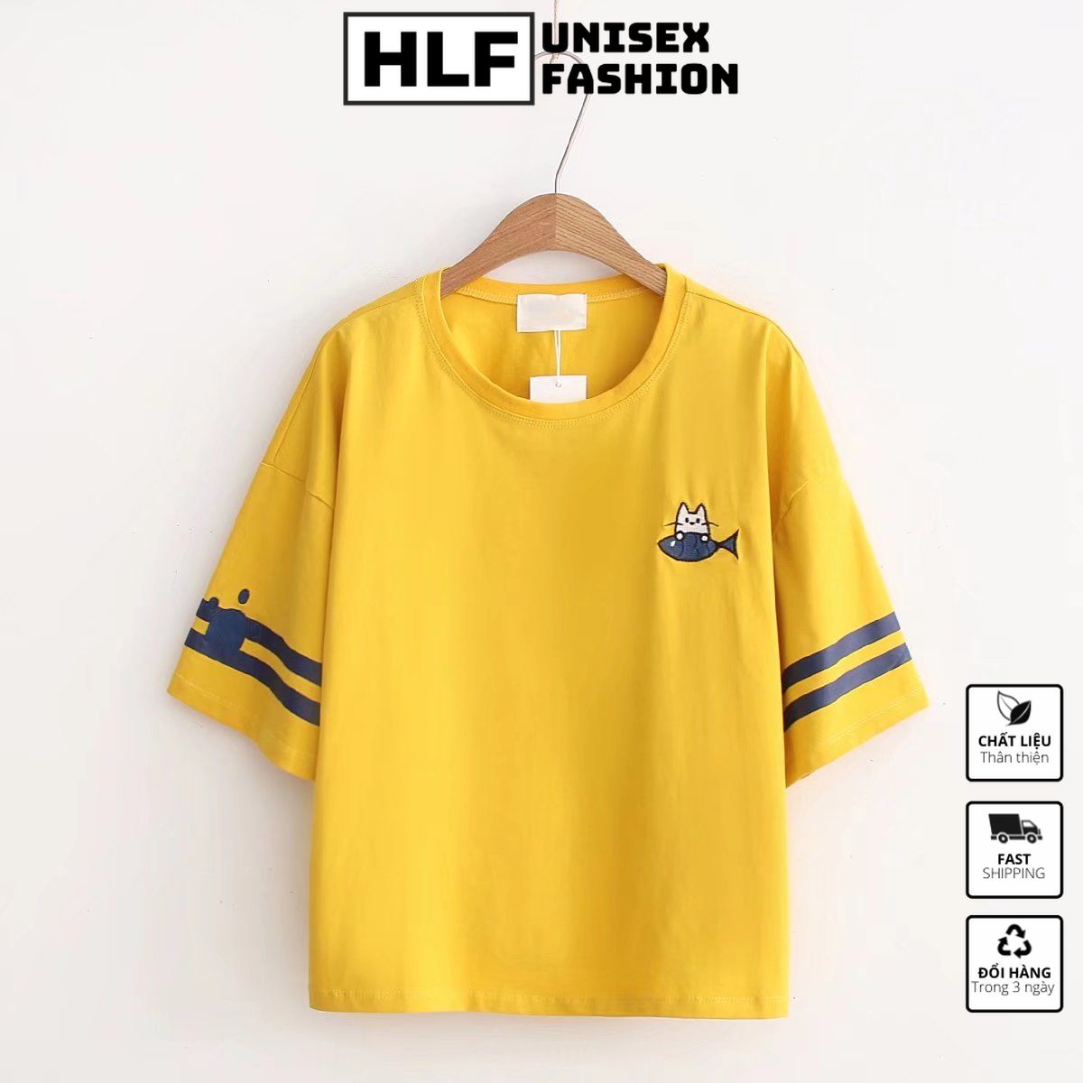 Áo thun tay lỡ form rộng sọc tay con cá áo phông form rộng HLFashion