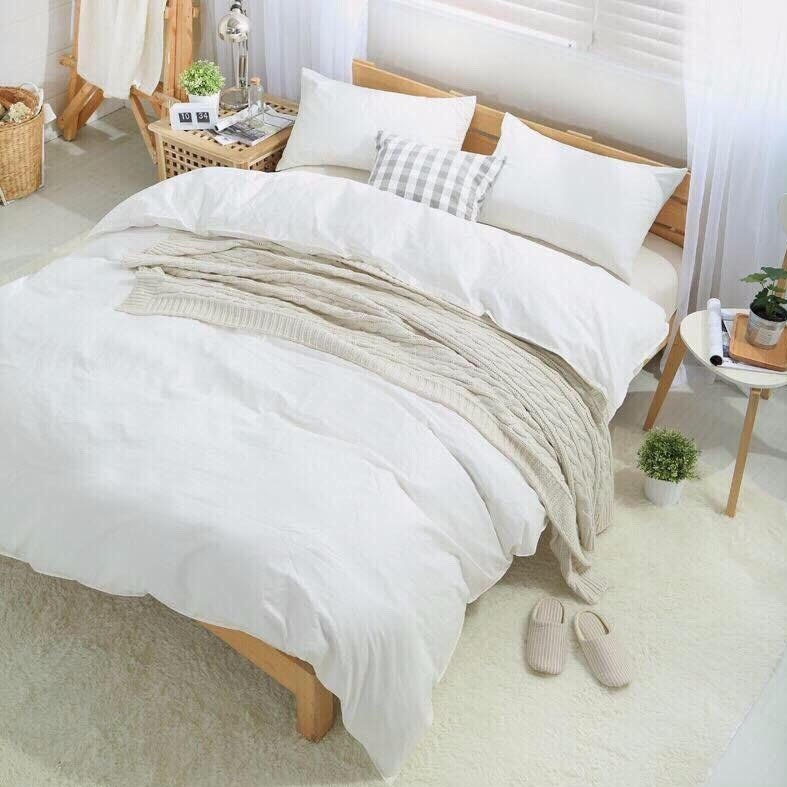 Bộ chăn ga gối phong cách Hàn Quốc basic trắng bo chun đủ kích thước