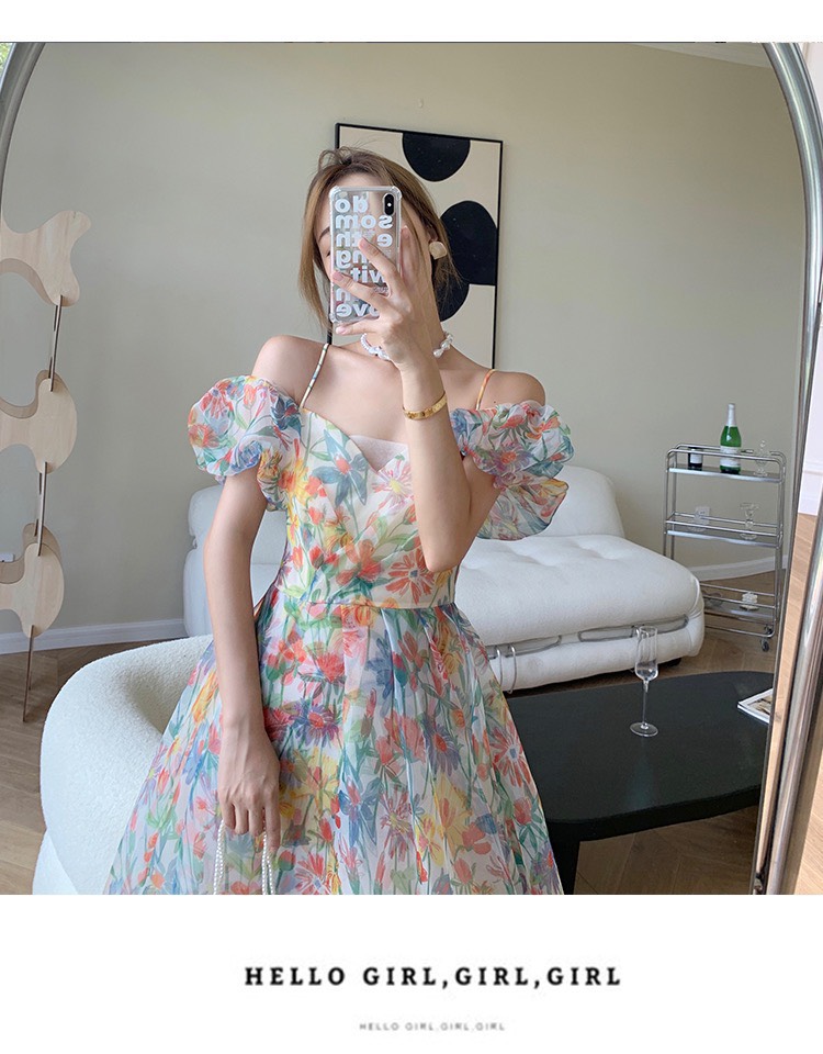 Đầm maxi hoa trễ vai đan dây lưng siêu sang chảnh