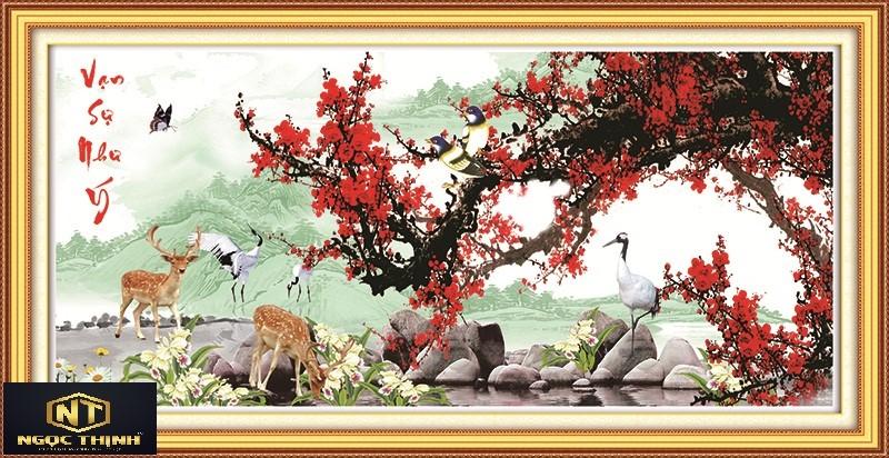Tranh đính đá Vạn Sự Như Ý hoa đào hạc và hươu tài lộc VS328 KT:120cmx60cm