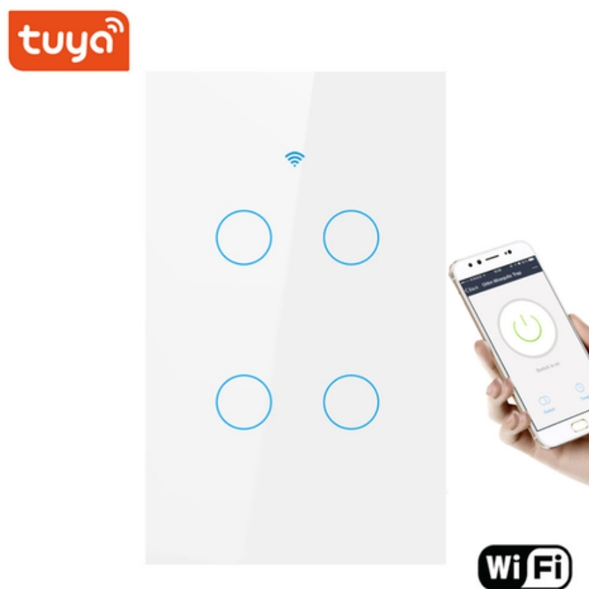Công tắ điều khiển từ xa bằng Wifi 3g4g điều khiển từ xa 4 thiết bị Smart Switch app Smart Life,app Tuya 4 nút hình chữ nhật mặt kính cường lực màu trắng , công tắc điều công tắc thông minh