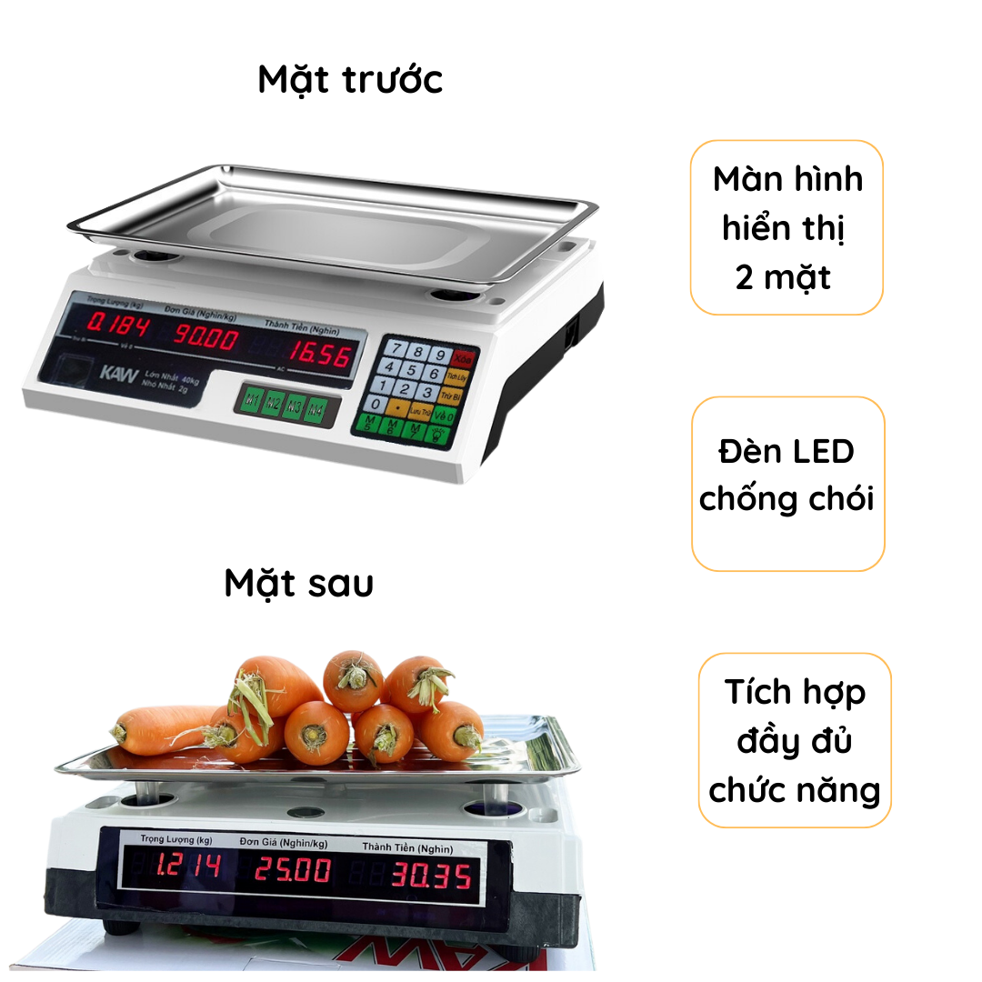 Cân điện tử tính tiền KAW loại 40KG,màn LCD hiển thị nét,không có sai số,tính tiền chuẩn,giúp tối ưu việc tính tiền hiệu quả,BH 1 ĐỔI 1