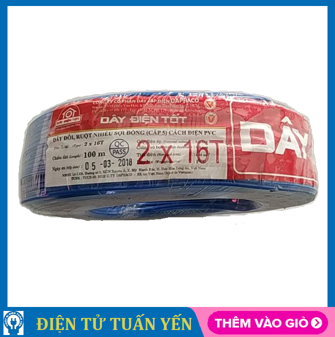 Dây điện đôi Daphaco 2x16 cuộn 100m, dây lõi đồng nguyên chất 100%