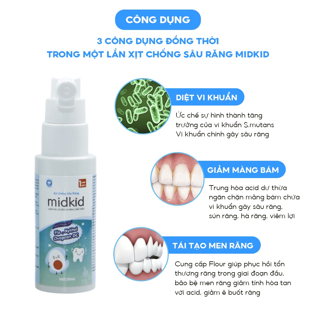 (Tặng quà xinh) Xịt chống sâu răng Midkid - Ngừa sâu răng, hôi miệng, ố vàng răng cho bé (Lọ 30ml)