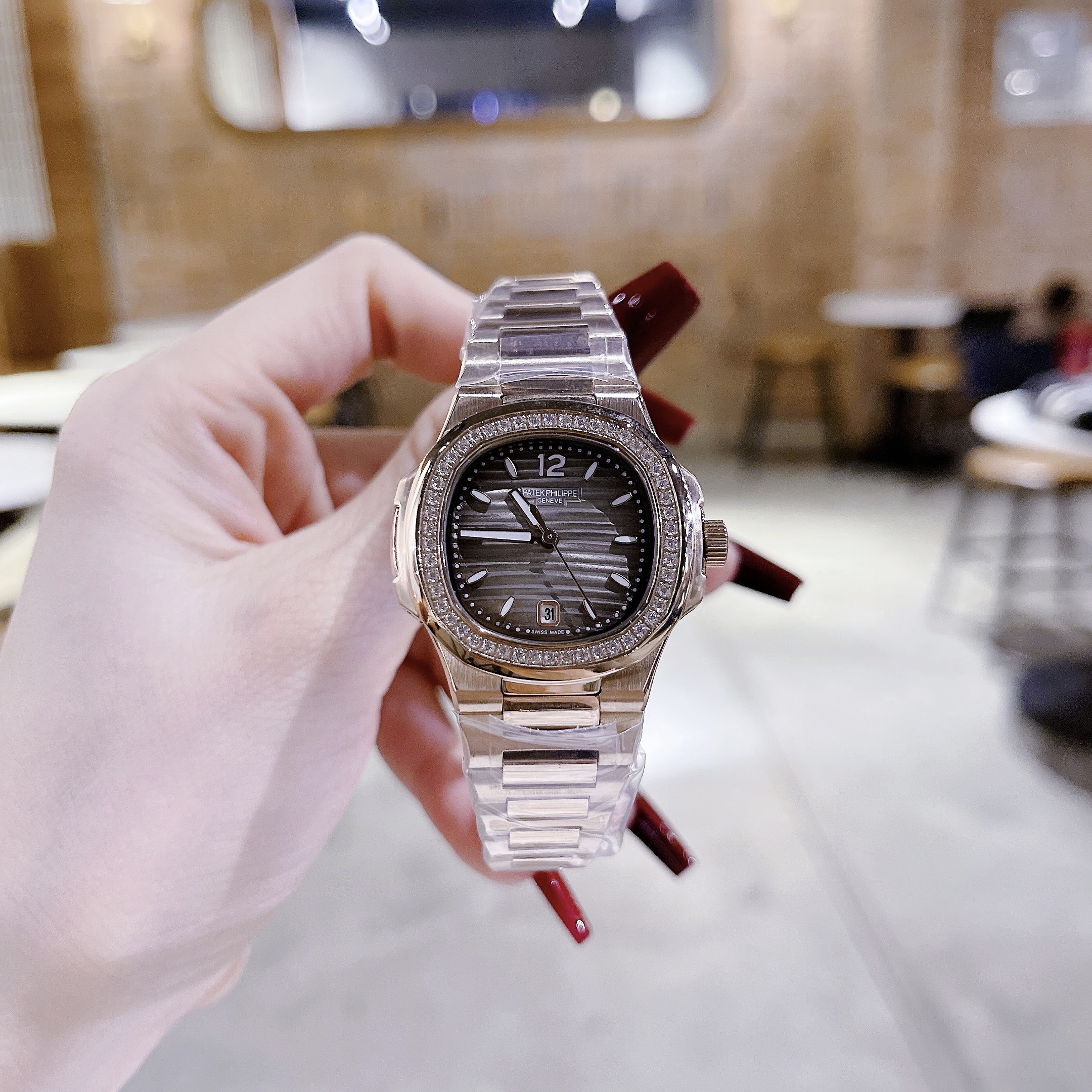Pate Philipe waterproof top square metal strap women watch size 32mm fullbox shop Kiwi