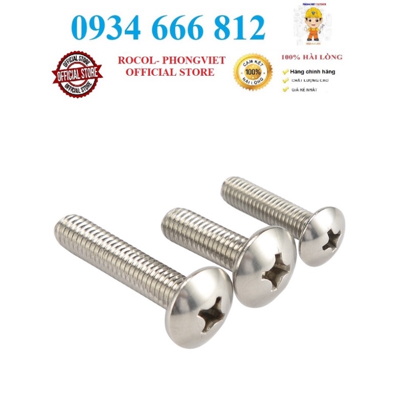 Combo 50c vít pake đầu dù thân bulong INOX 201 M6, M6x10,M6x12,M6x16, M6x20,M6x25, M6x30,M6x35, M6x40
