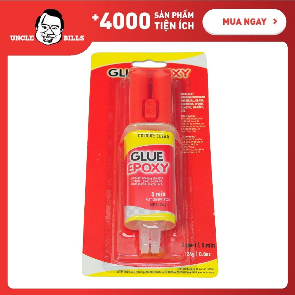 Keo nhựa trong suốt Epoxy đa năng có 2 đầu ống keo A&B Uncle Bills HY0019 dán siêu dính các chất liệu gỗ, kim loại, nhựa, đồ trang trí, tiện lợi,dễ sử dụng,