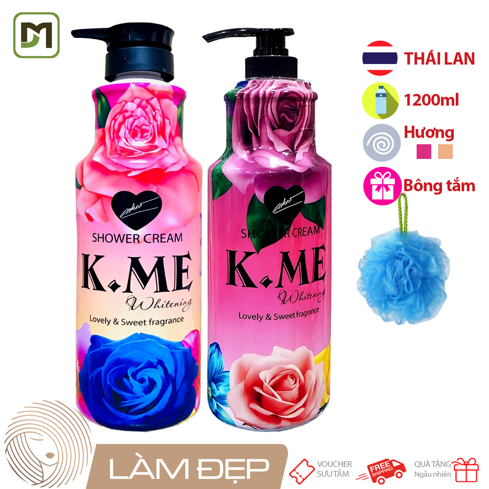 Sữa tắm hoa hồng sáng trắng mịn da K.ME chai lớn 1200ml tặng kèm bông tắm lớn