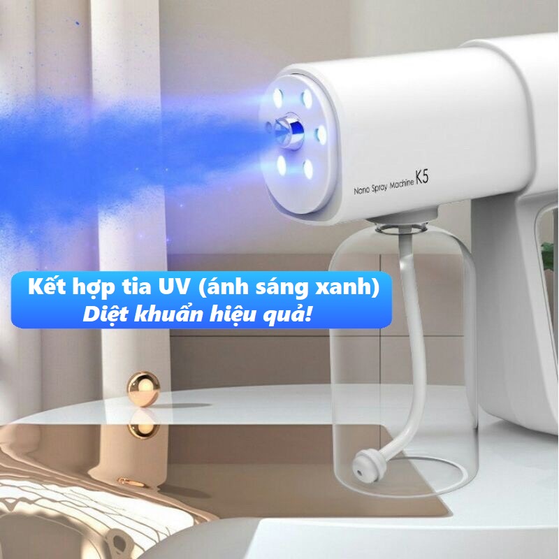 Máy xịt khử khuẩn cầm tay NANO K5, máy phun khử khuẩn K5 tích hợp ánh sáng xanh