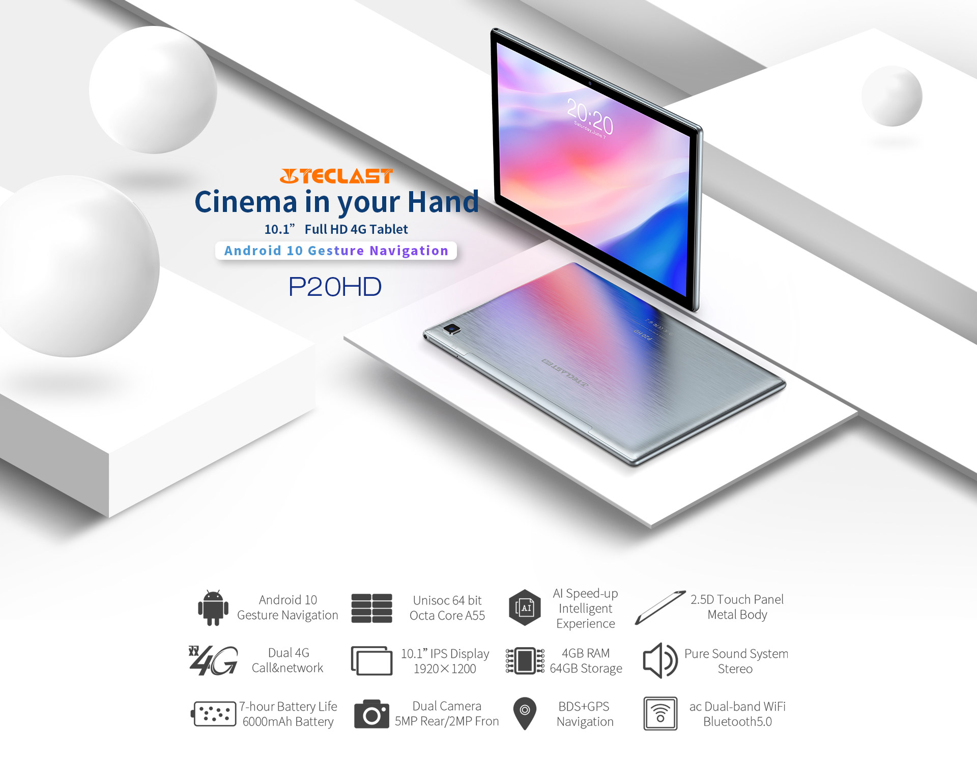 Tablet Teclast P20HD 4G LTE (chip 8 nhân/4G Ram/64G Rom/10.1 inch Full HD)