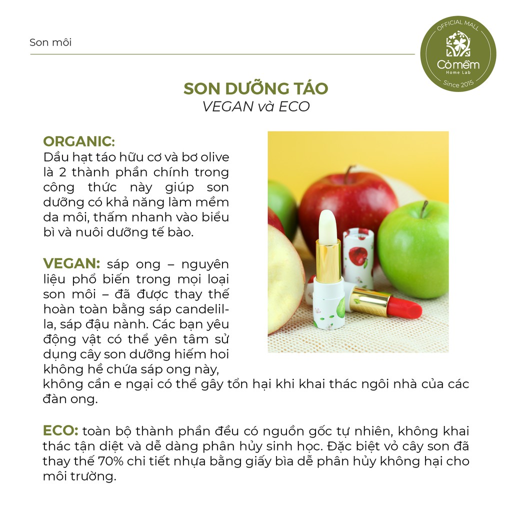 Son Dưỡng Môi - Son Dưỡng Táo Hữu Cơ Cỏ Mềm - Son Dưỡng Thuần Chay Bảo Vệ Môi Trường - Son Dưỡng Thiên Nhiên An Toàn