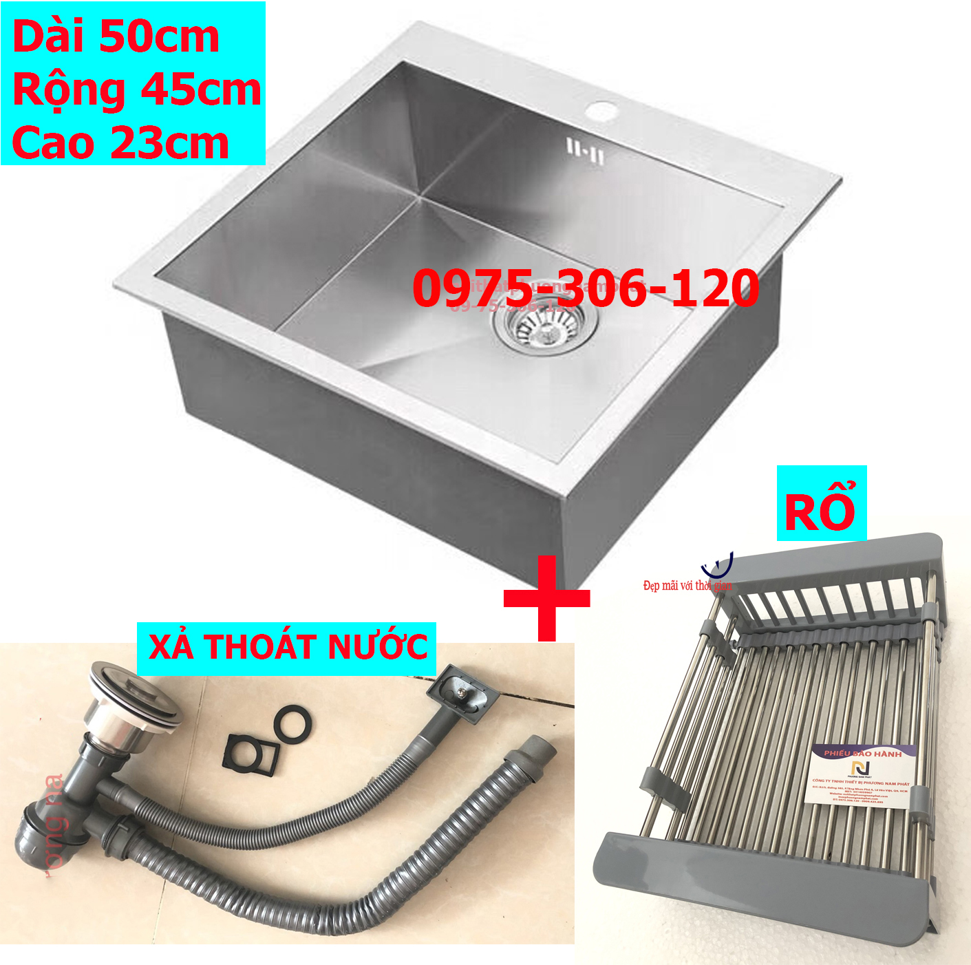 Chậu rửa chén bát inox sus 304 n17 5045 na.grand và bộ xả chậu thoát nước và rổ đựng trái cây bồn rửa chén inox chậu rửa chén 1 hố