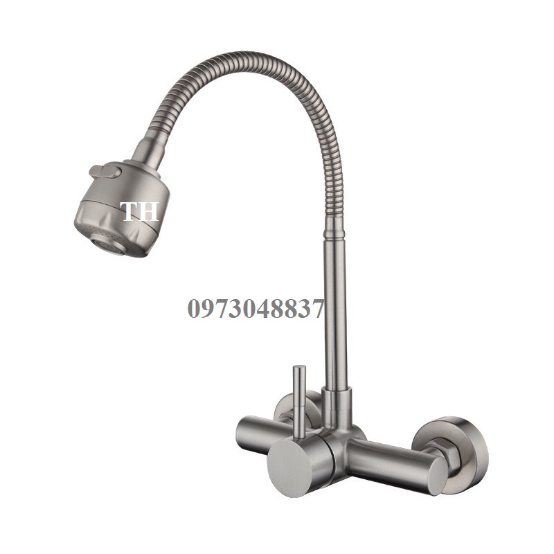 Vòi rửa bát gắn tường cần mềm xoay các hướng inox 304